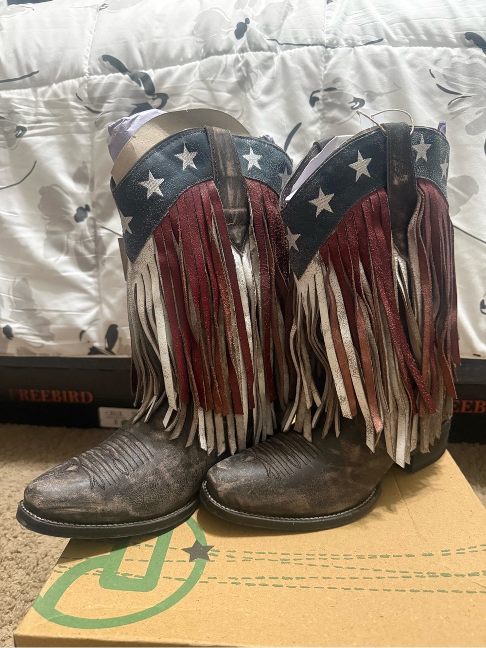 Roper Brown Leather Fringe Cowboy Boots with Red, White & Blue Star Accents